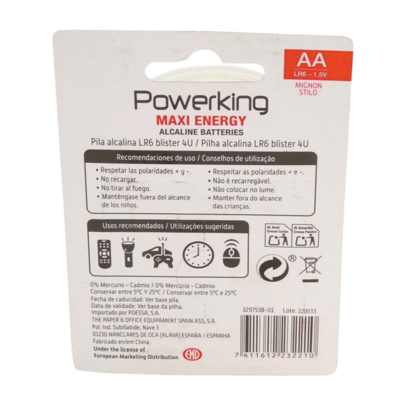 Powerking Pila Alcalina Tipo Aa Blis. 4 Ud
