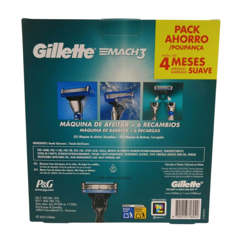 Gillette Mach3 Maquina Afeitar + 6 Recambios